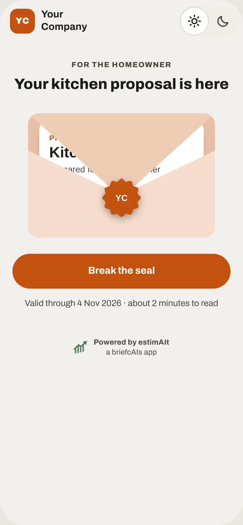 The customer’s page, with the proposal in a sealed envelope