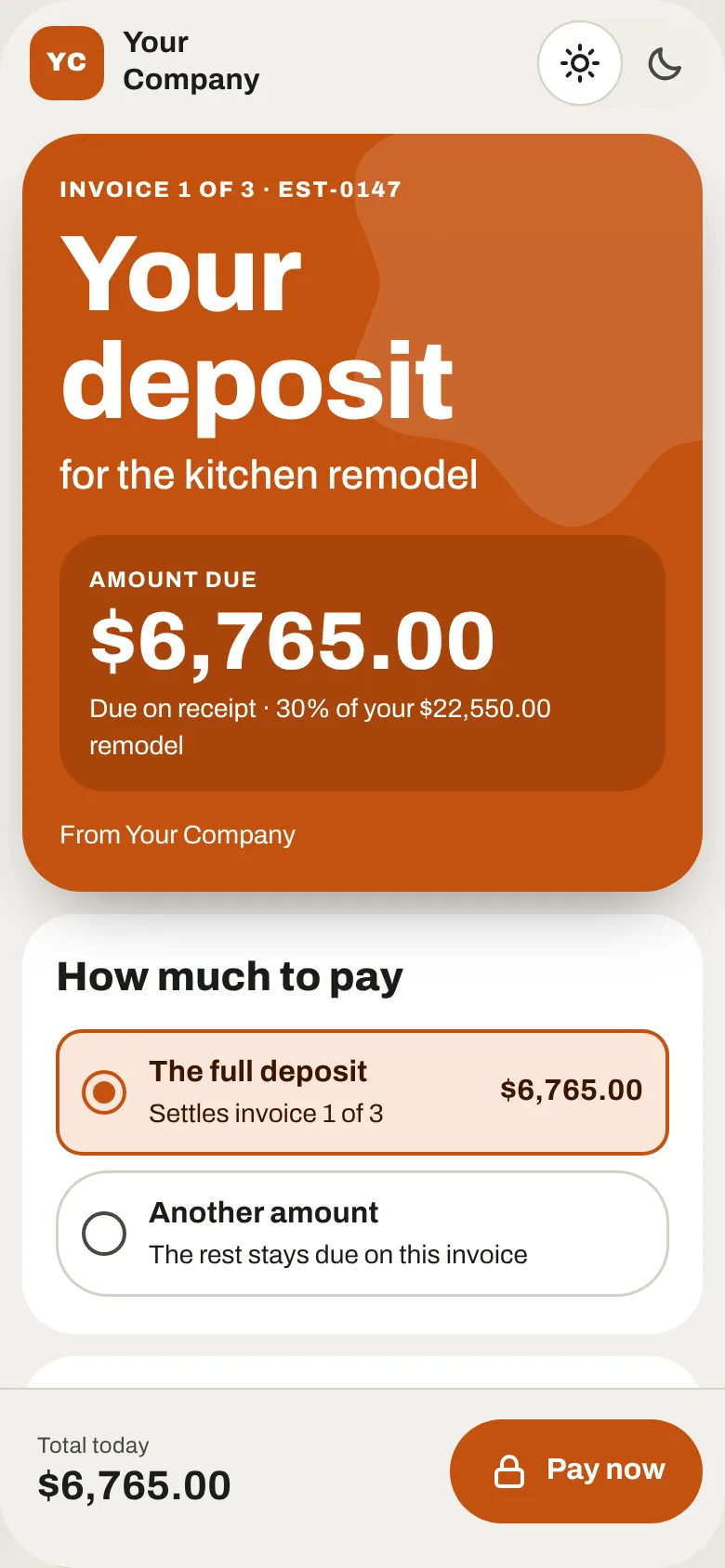 The customer’s deposit page, showing the amount due and Pay now